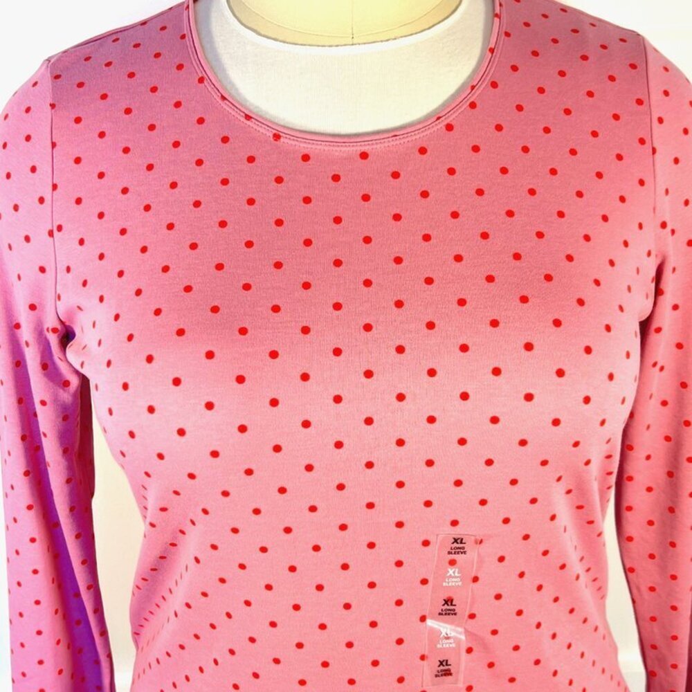Style & Co Long Sleeve Tee Shirt Women's XL Dusty Pink Red Polka Dots Scoop Neck - Picture 2 of 12